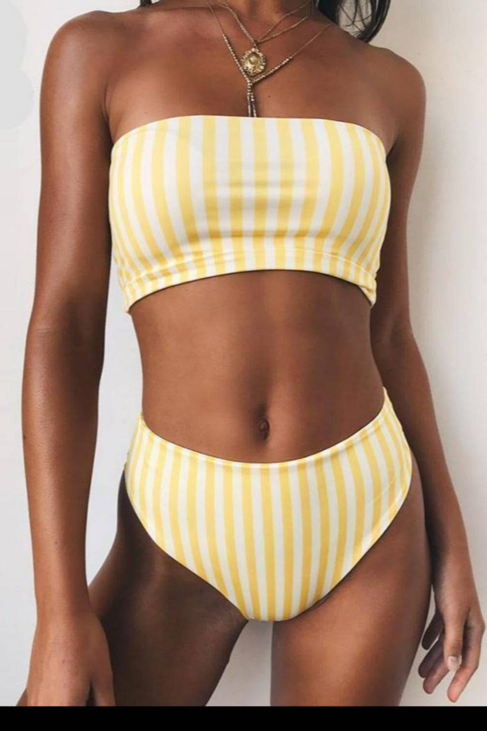 Retro Yellow Striped Strapless Bikini - TGC Boutique - Yellow Stirpes Swimsuit