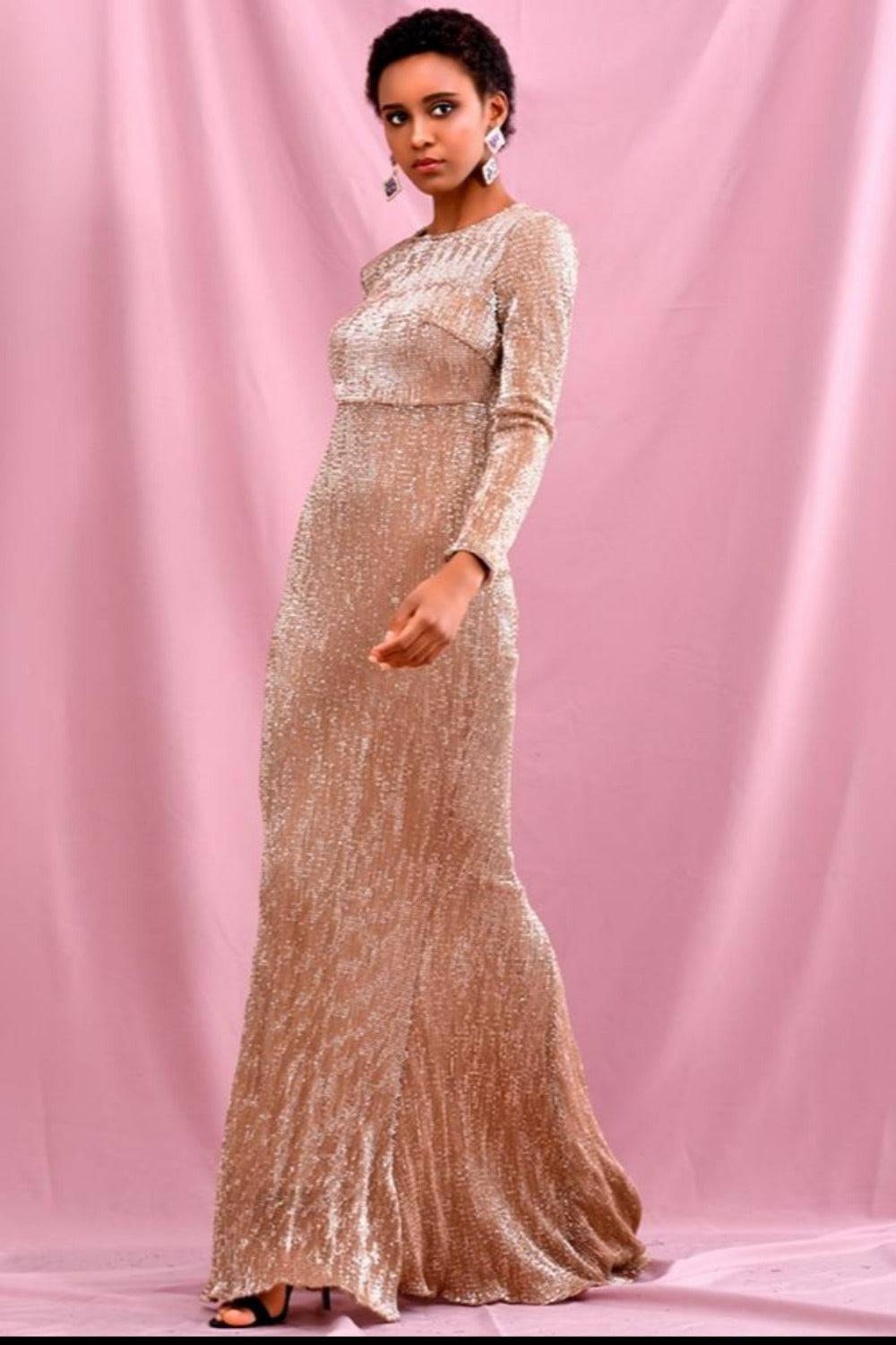 Rose Gold Sequin Long Sleeve Fishtail Maxi Dress - TGC Boutique - Evening Gown