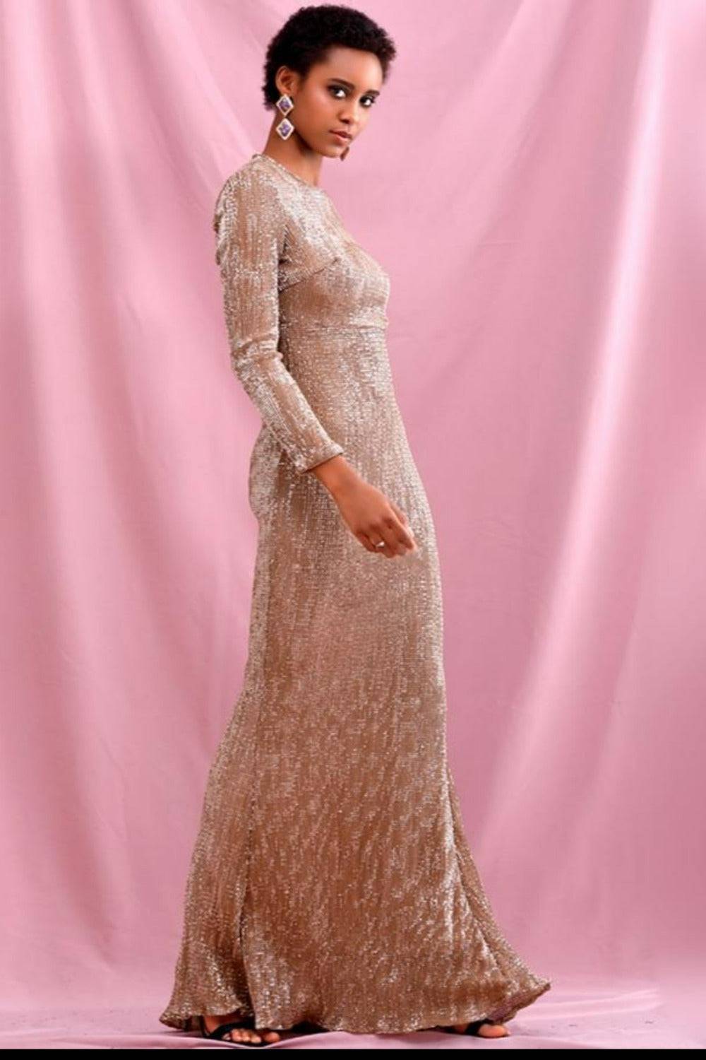 Rose Gold Sequin Long Sleeve Fishtail Maxi Dress - TGC Boutique - Evening Gown