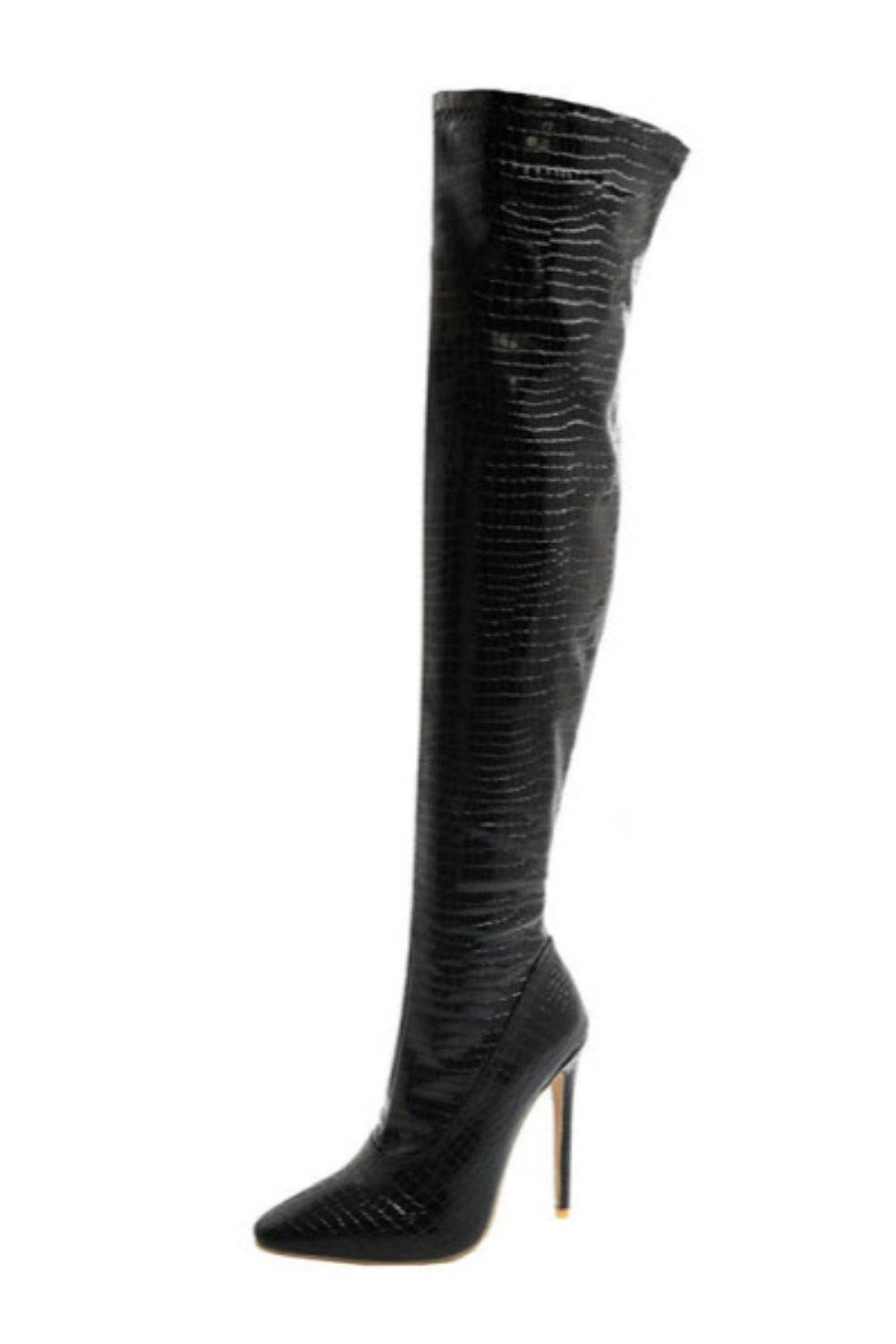 Ruby Metallic Knee High Black Crocodile Boots - TGC Boutique - Gold Boots