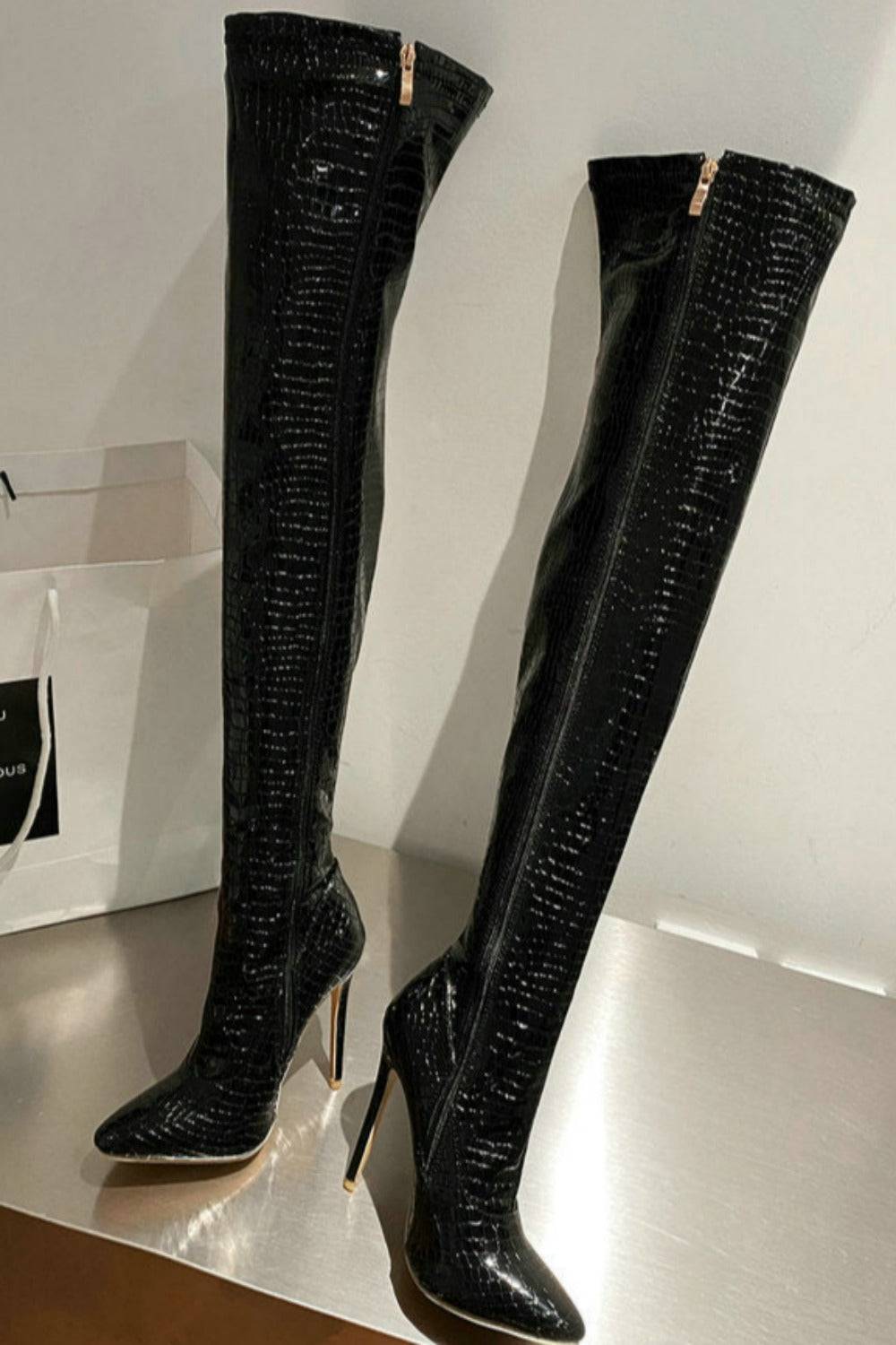 Ruby Metallic Knee High Black Crocodile Boots - TGC Boutique - Gold Boots