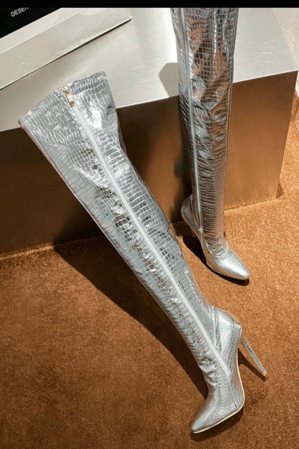 Ruby Metallic Knee High Silver Crocodile Boots - TGC Boutique - Gold Boots