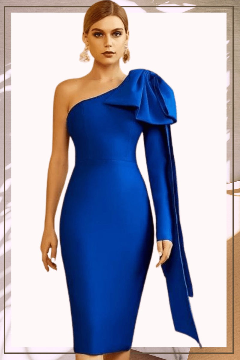 Ruffle Bow Long Sleeve off the Shoulder Bodycon Blue Midi Cocktail Dress -  TGC Boutique