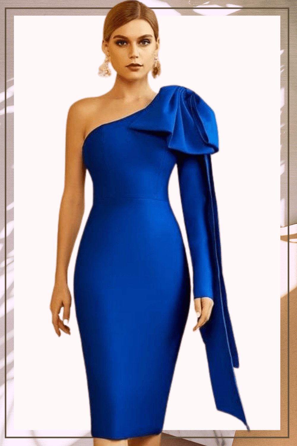 Ruffle Bow Long Sleeve off the Shoulder Bodycon Blue Midi Cocktail Dress - TGC Boutique - Bodycon Dress