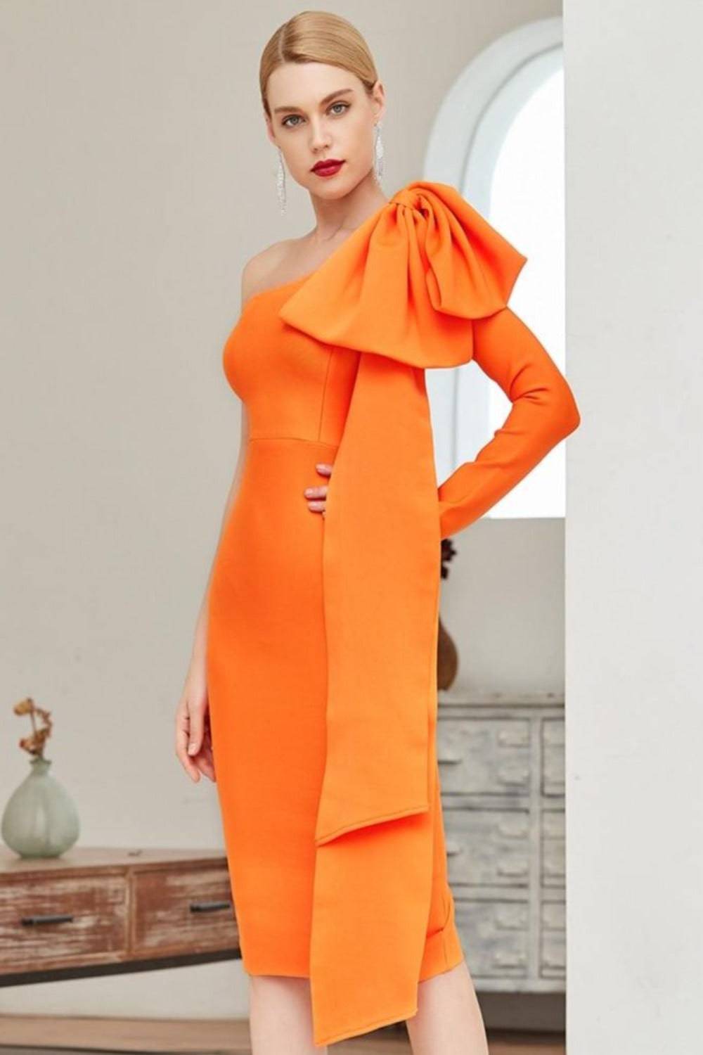 Ruffle Bow Long Sleeve off the Shoulder Bodycon Orange Midi Cocktail Dress - TGC Boutique - Bodycon Dress