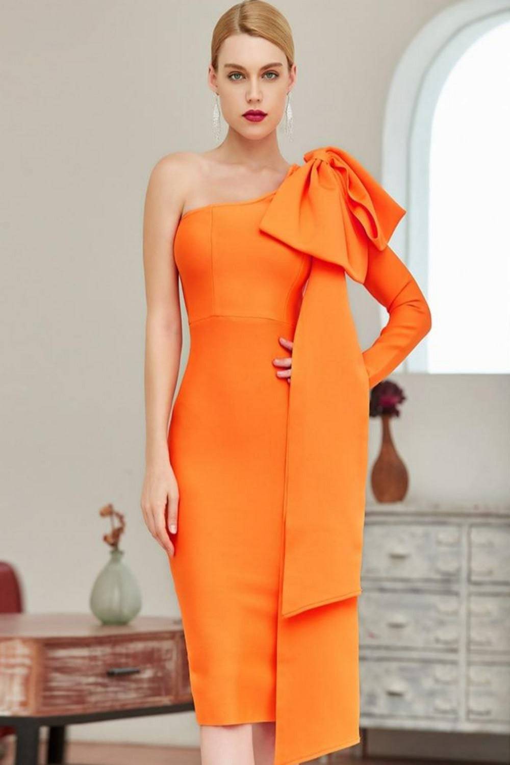 Ruffle Bow Long Sleeve off the Shoulder Bodycon Orange Midi Cocktail Dress - TGC Boutique - Bodycon Dress