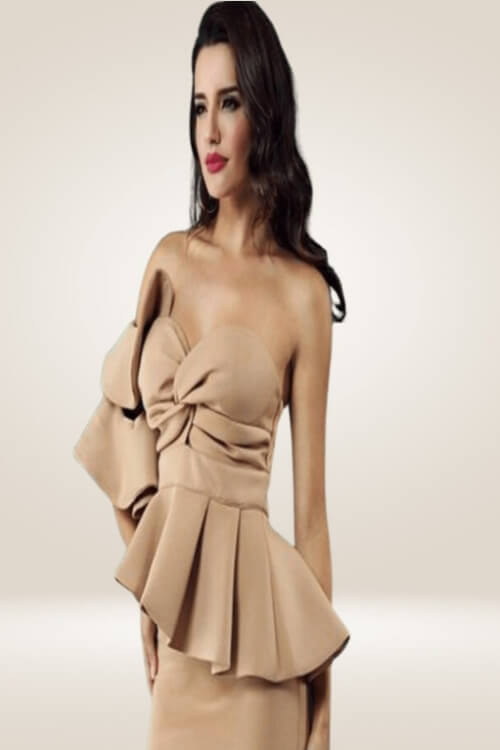 Ruffle Nude Bodycon Midi Dress - TGC Boutique - Bodycon Dress