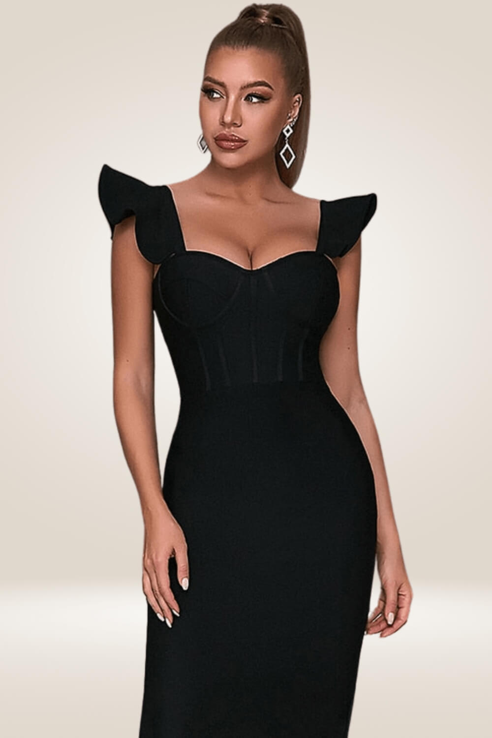 Ruffles Shoulders Bodycon Black Corset Dress - TGC Boutique - Bodycon Dress