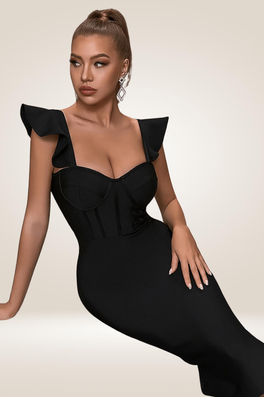 Ruffles Shoulders Bodycon Black Corset Dress - TGC Boutique - Bodycon Dress