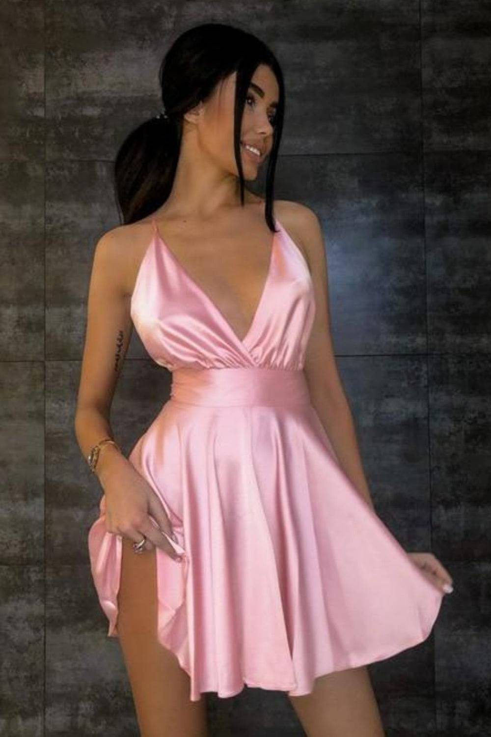 Satin V-Neck Backless Cocktail Mini Dress - TGC Boutique - Mini Dresses