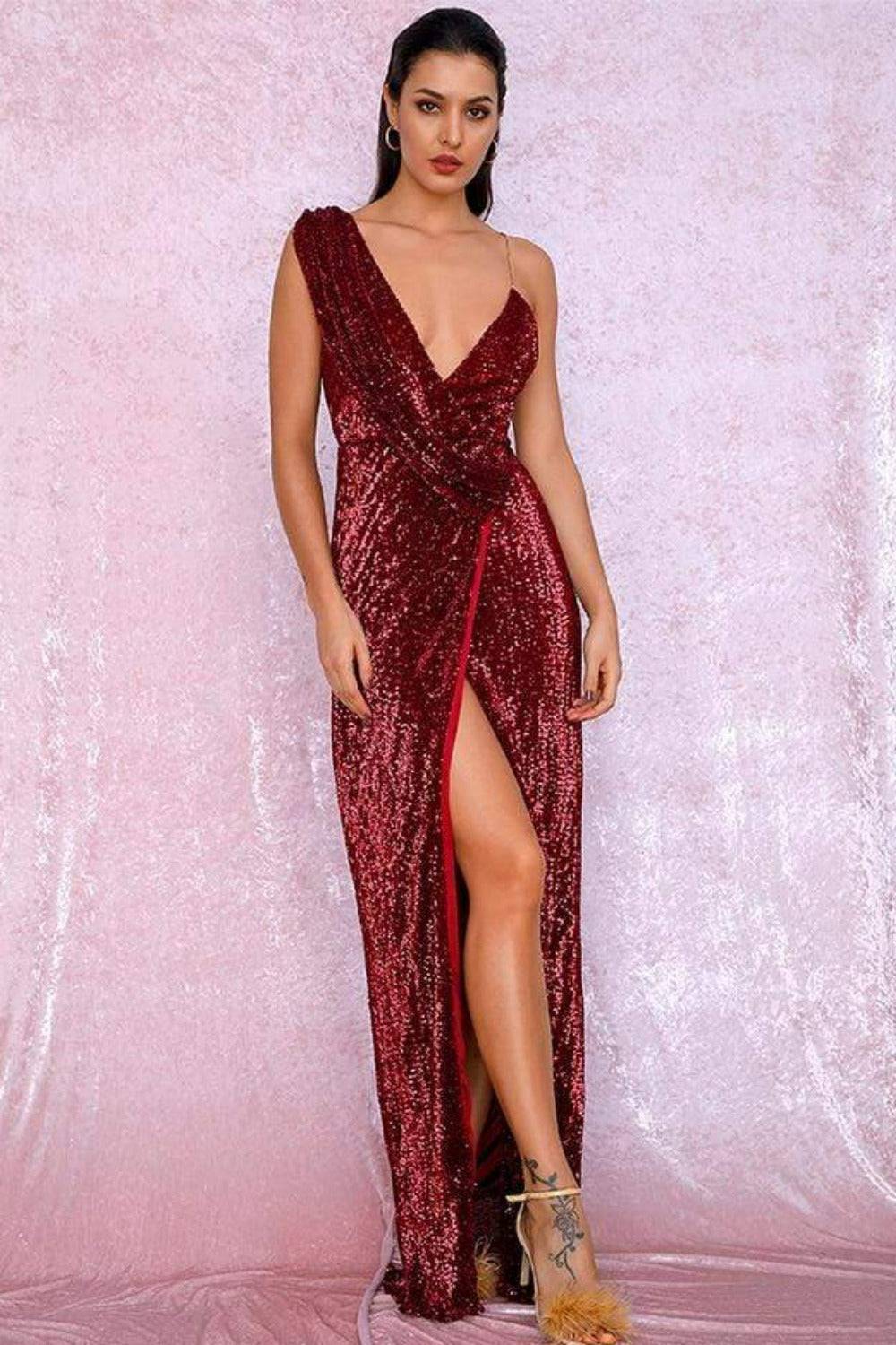 Sequin Backless High Slit Sequin Red Maxi Dress - TGC Boutique - Evening Gown