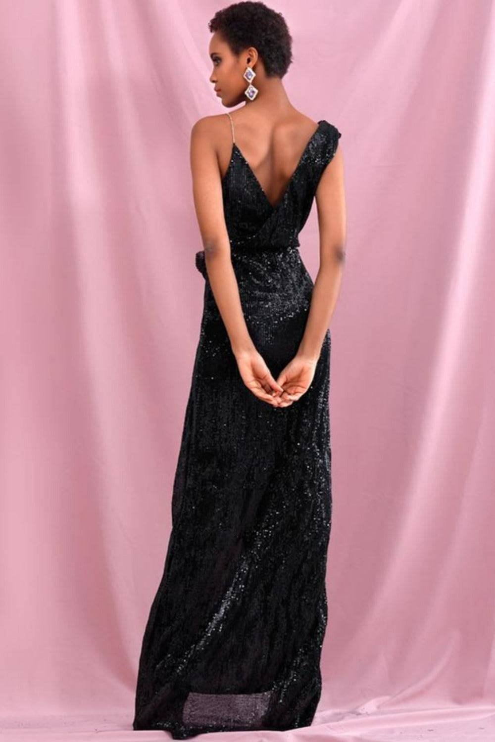 Sequin Chain Drape Backless Cross Wrap High Slit Maxi Dress - Black - TGC Boutique - Black Evening Dress