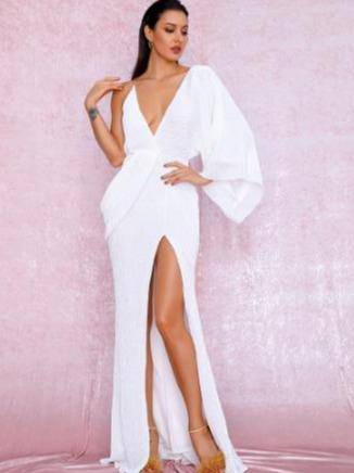 Sequin Draped One Long Sleeve Maxi Dress - TGC Boutique - Evening Gown