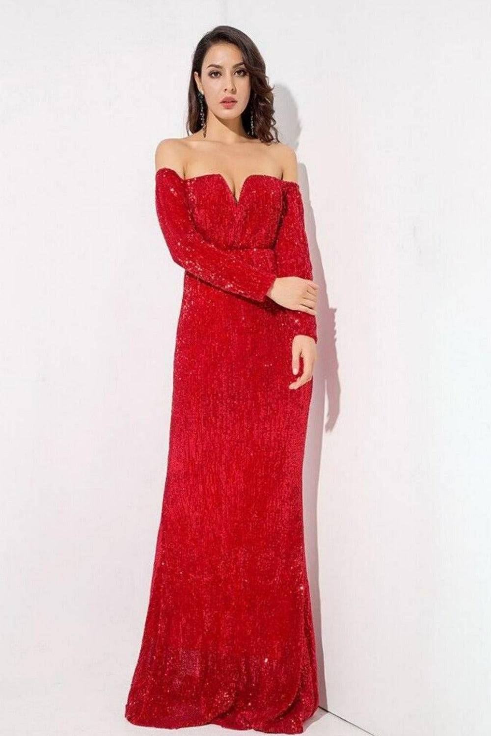 Sequin Long Sleeve Off Shoulder Mermaid Maxi Dress - Red - TGC Boutique - Evening Gown