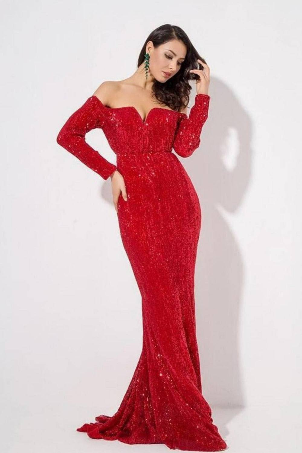 Sequin Long Sleeve Off Shoulder Mermaid Maxi Dress - Red - TGC Boutique - Evening Gown
