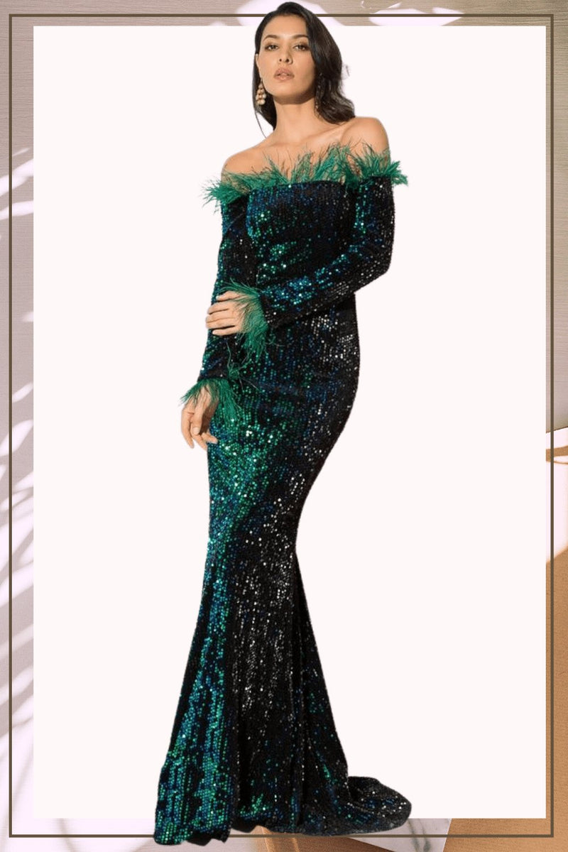 Sequin Strapless Feather Emerald Green Long Sleeve Maxi Dress - TGC Boutique Sequin Strapless Feather Emerald Green Long Sleeve Maxi Dress - TGC Boutique