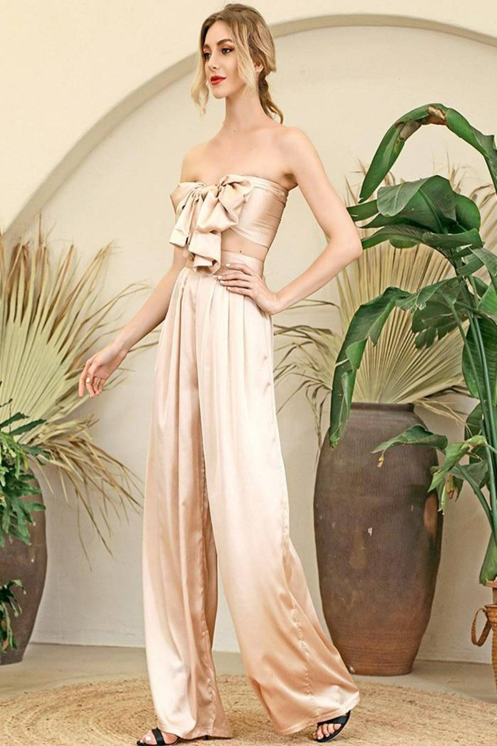 Silky Strapless High Waisted Two Piece Pants Set - Nude - TGC Boutique - 2 Piece Set