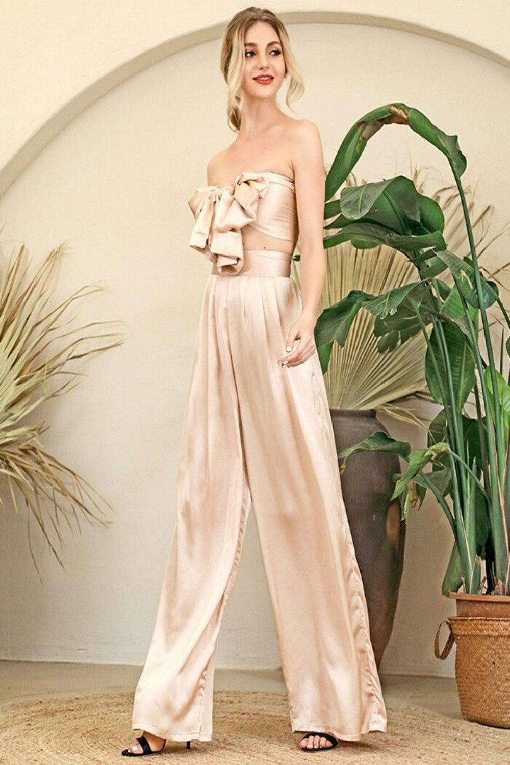 Silky Strapless High Waisted Two Piece Pants Set - Nude - TGC Boutique - 2 Piece Set