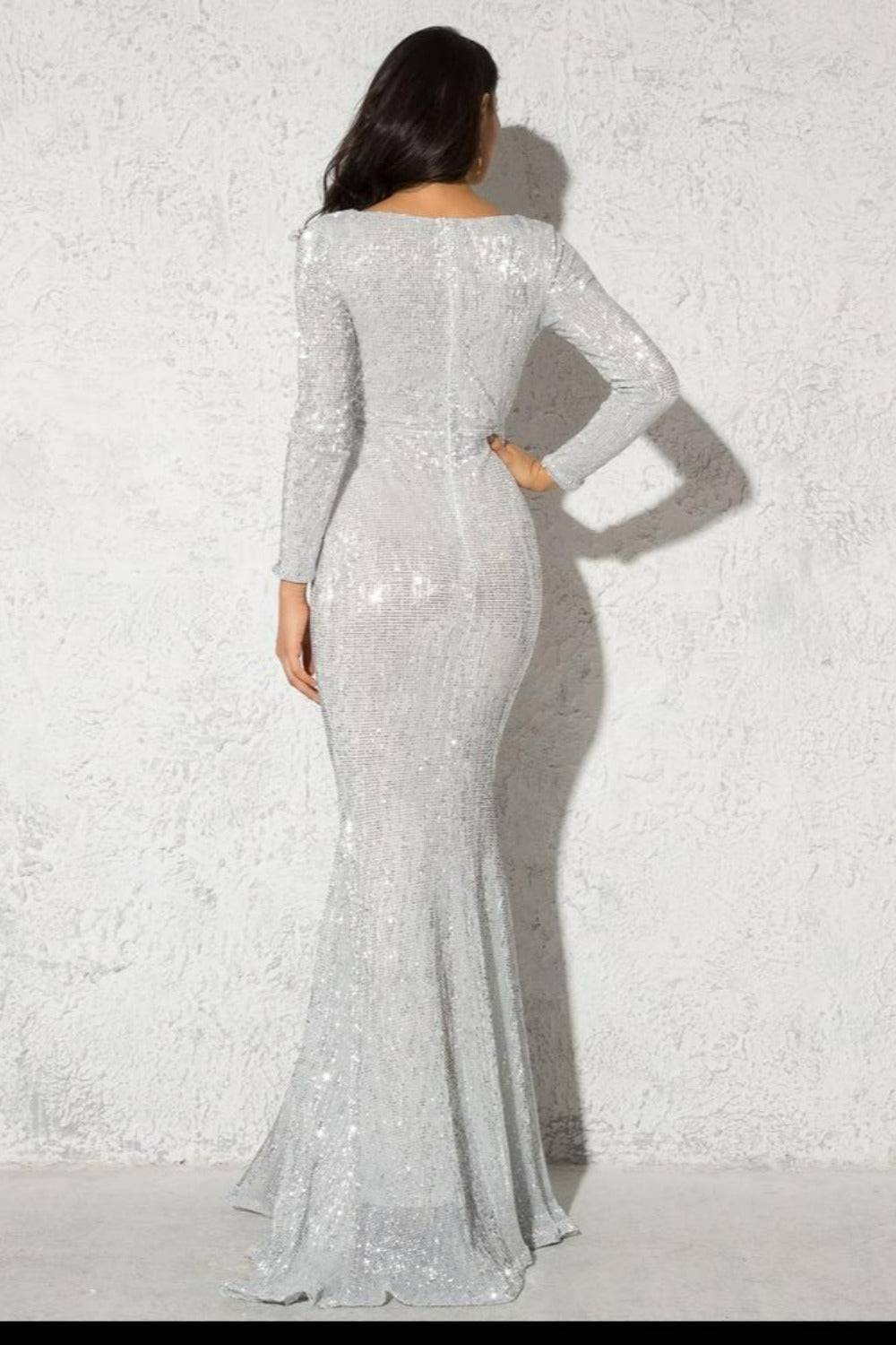 Silver Long Sleeve Elastic Sequins Mermaid Maxi Dress - TGC Boutique - Silver Evening Gown