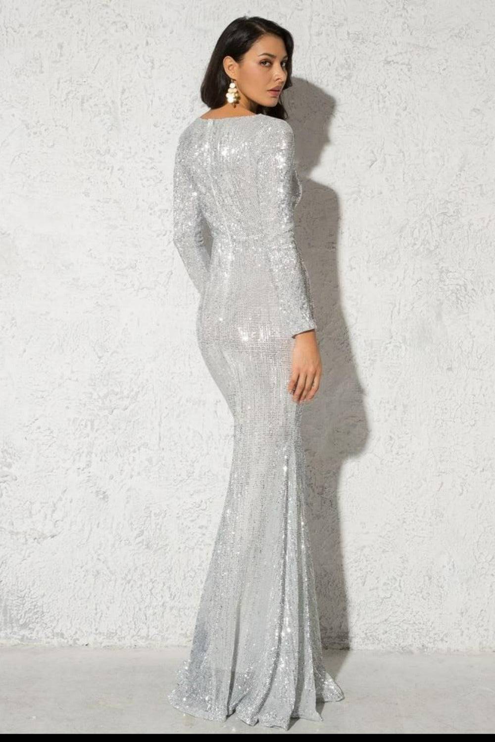 Silver Long Sleeve Elastic Sequins Mermaid Maxi Dress - TGC Boutique - Silver Evening Gown
