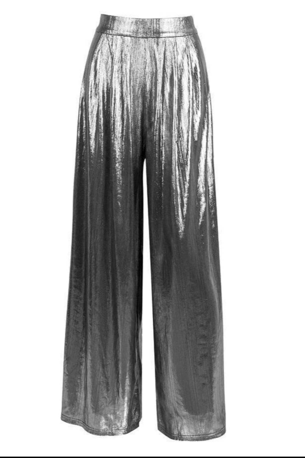 Silver Metallic High Waisted Wide Leg Palazzo Pants - TGC Boutique