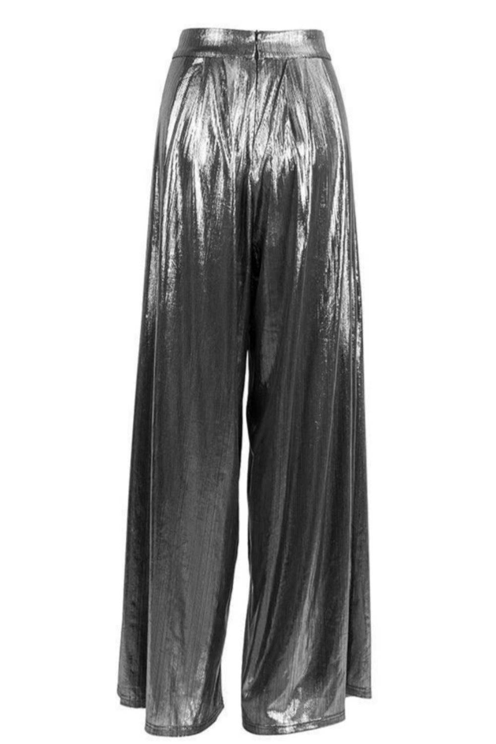 Silver Metallic High Waisted Wide Leg Palazzo Pants - TGC Boutique - Pants