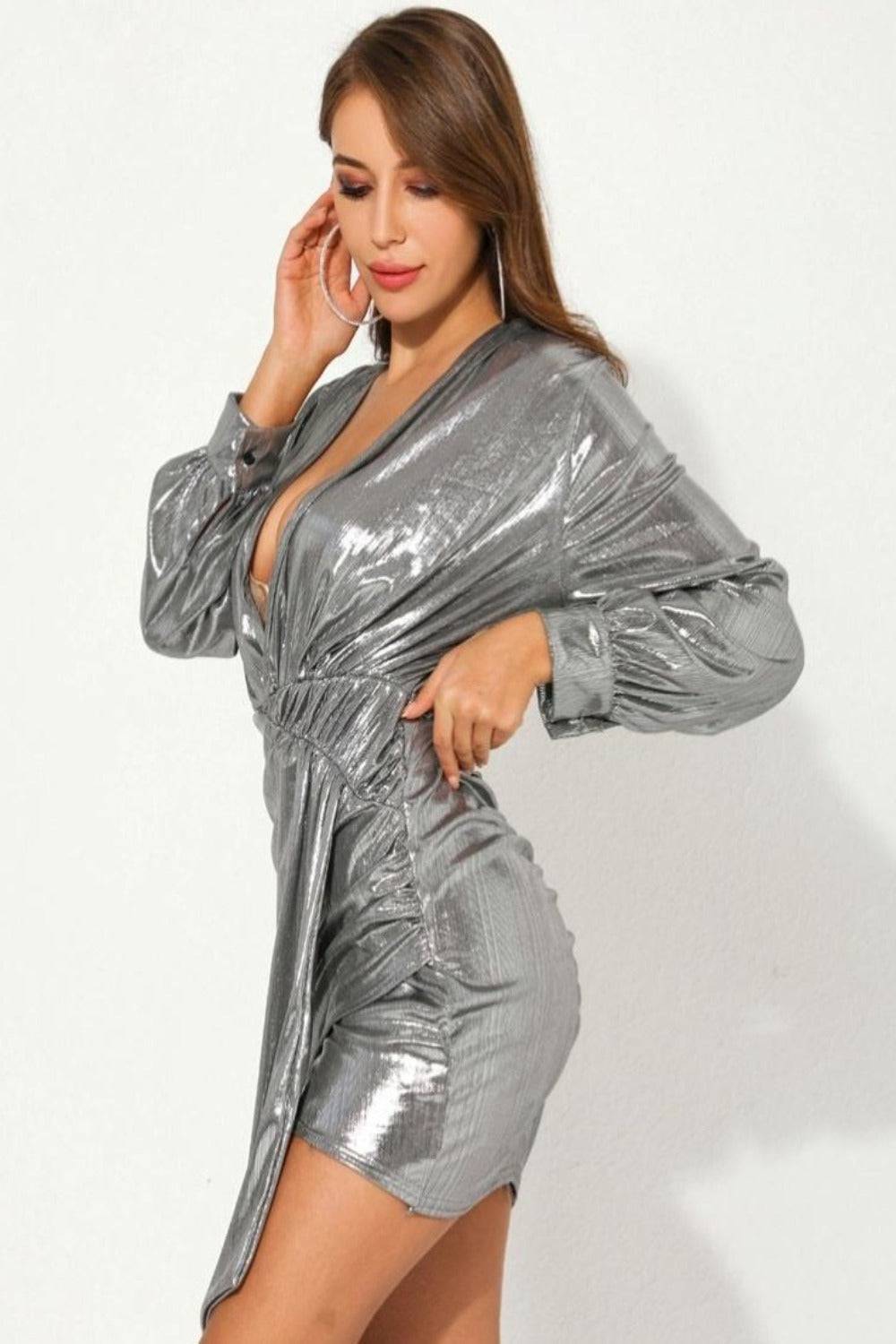 Silver Metallic Ruched Mini Dress - TGC Boutique - Mini Dress