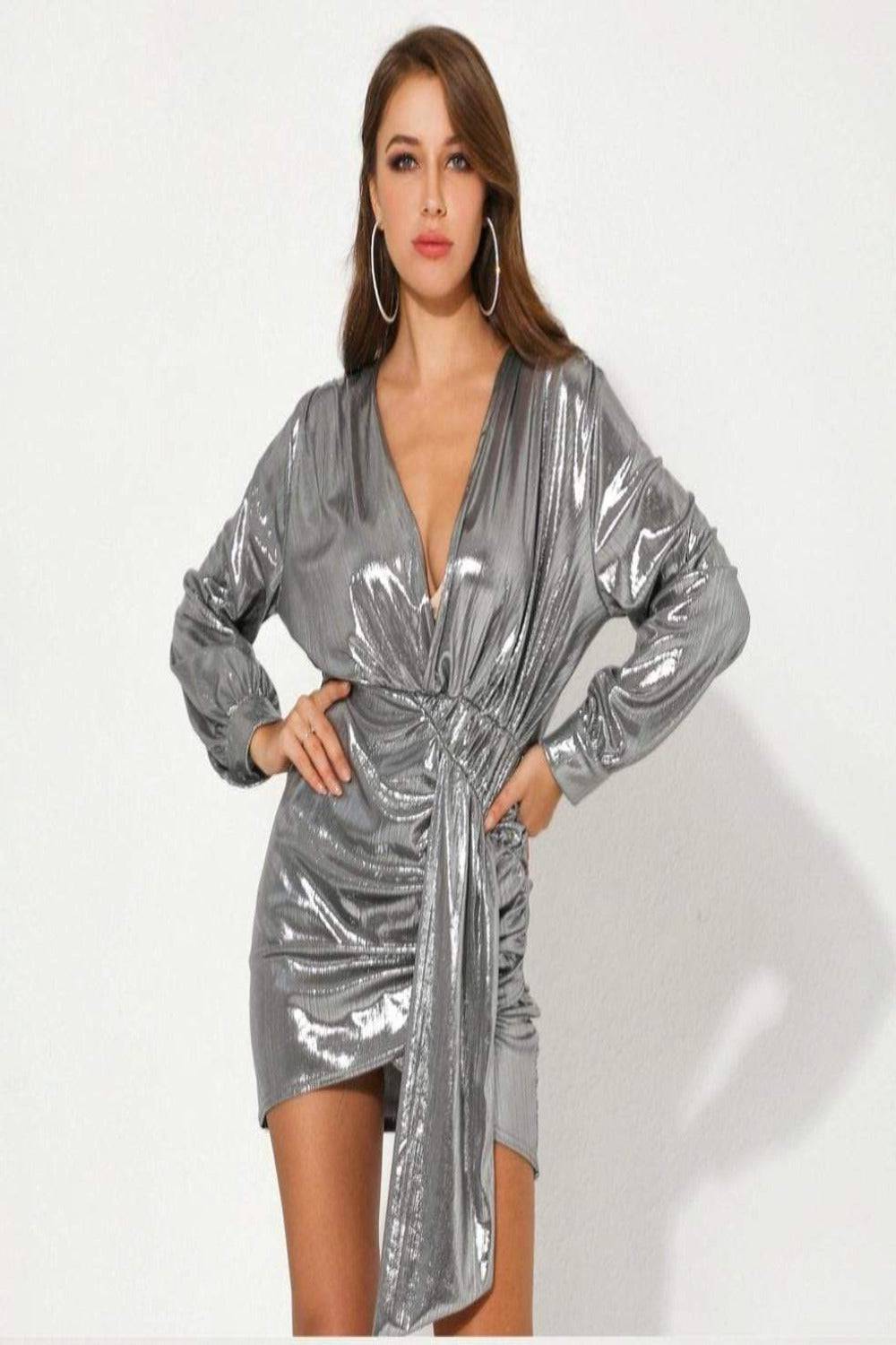 Silver Metallic Ruched Mini Dress - TGC Boutique - Mini Dress