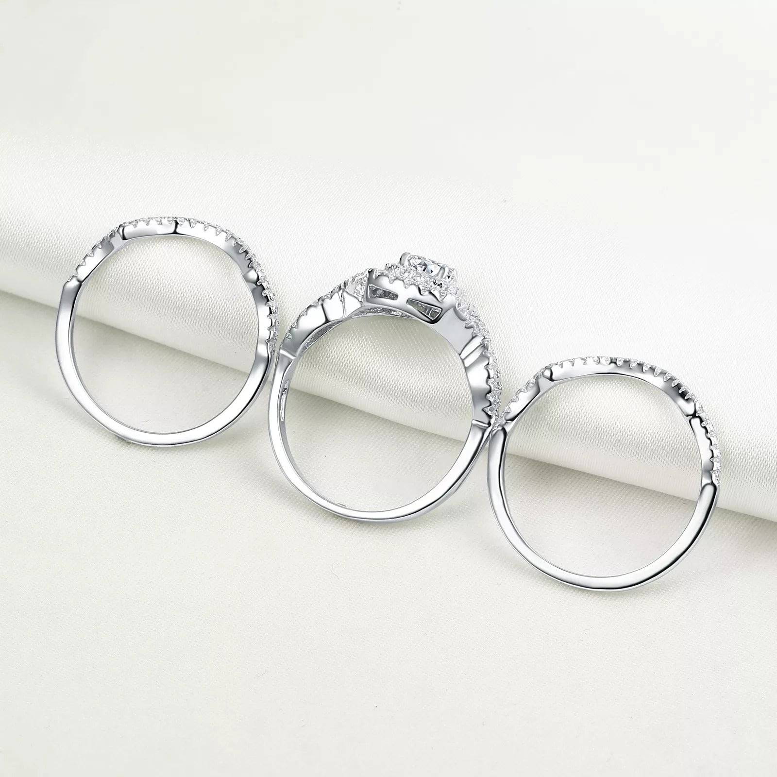 Simulated Diamond 3 Pc Round Cut Sterling Silver Ring Set - TGC Boutique - Engagement Ring Set