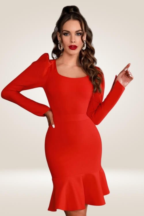 Siren Flare Long Sleeve red Midi Bodycon Dress - TGC Boutique - Bodycon Dress