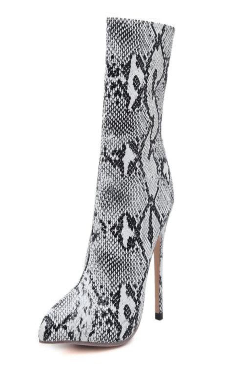 Snake Print Pointed Toe Mid-Calf Stiletto Boots - TGC Boutique - Ankle Booties