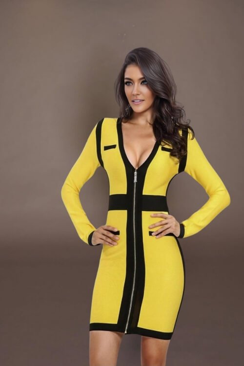 Sophie Long Sleeve Bandage Bodycon Yellow Mini Dress - TGC Boutique - Bodycon Dress