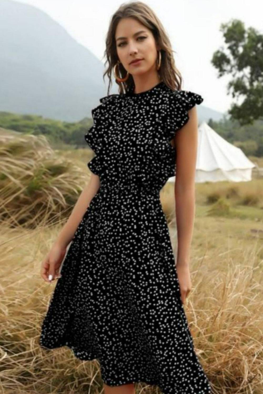 Spring Love Floral Print Ruffle Black Midi Dress - TGC Boutique - Summer Dress