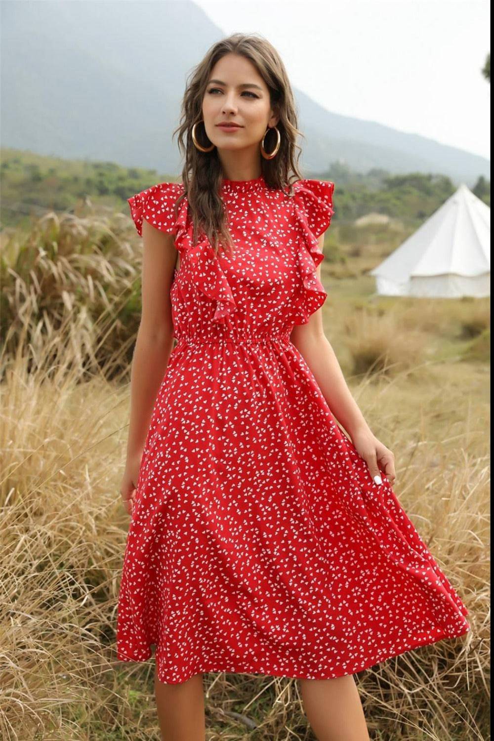 Spring Love Floral Print Ruffle Black Midi Dress - TGC Boutique - Summer Dress