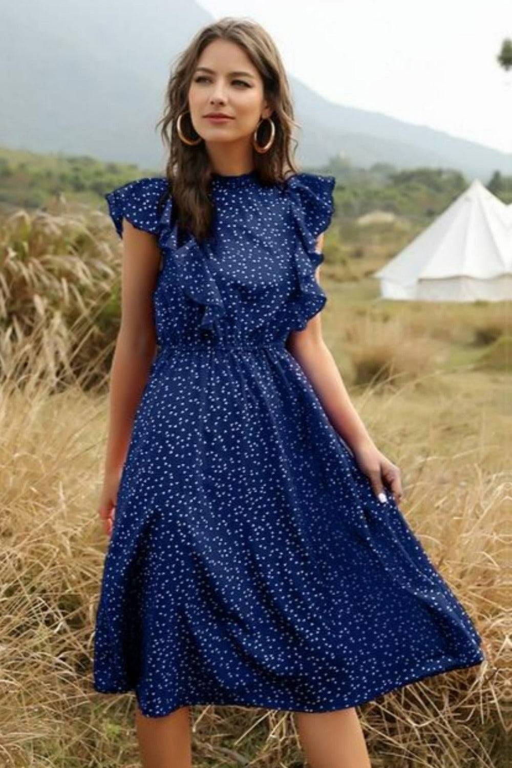Spring Love Floral Print Ruffle Blue Midi Dress - TGC Boutique - Summer Dress