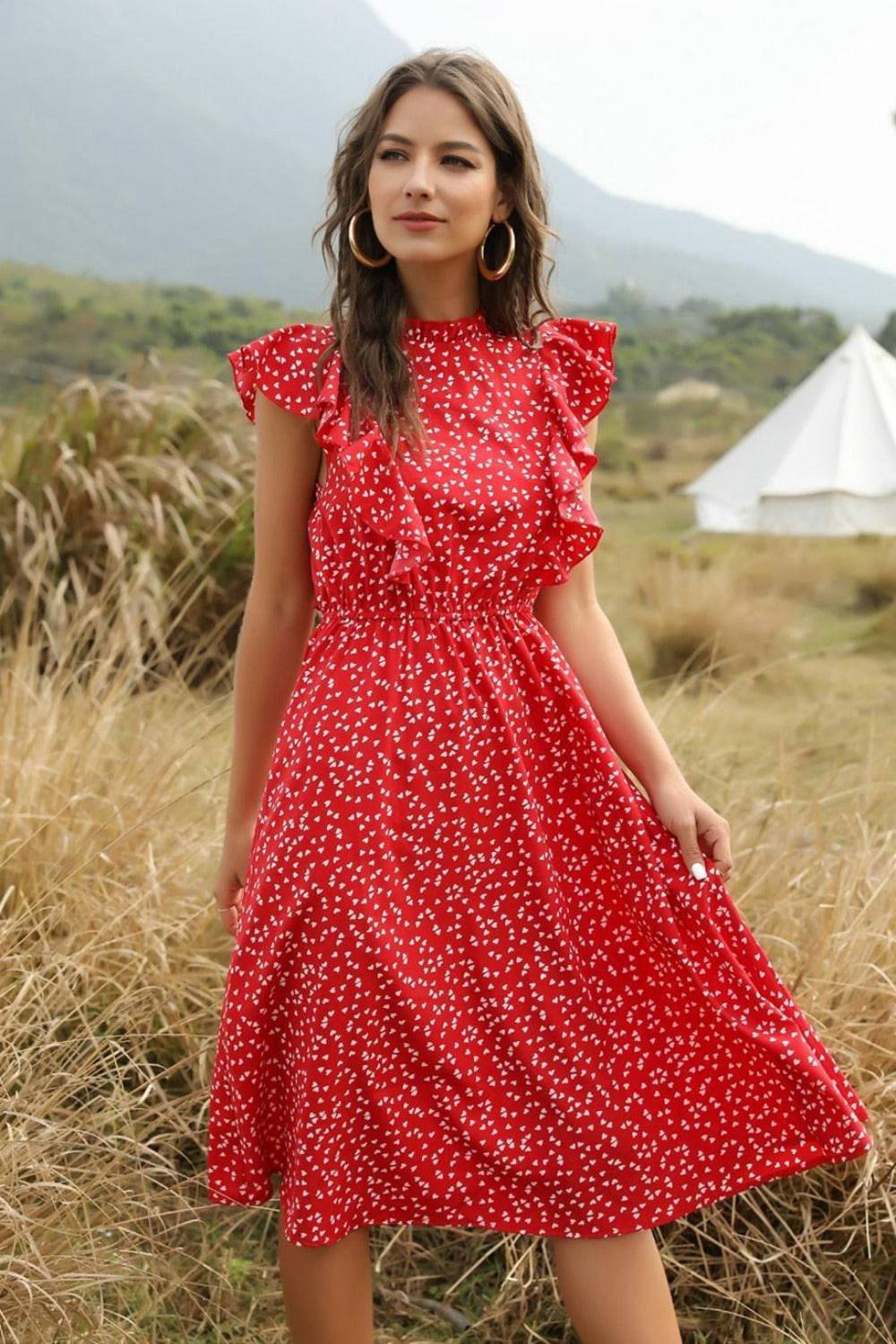 Spring Love Floral Print Ruffle Midi Red Dress - TGC Boutique - Summer Dress