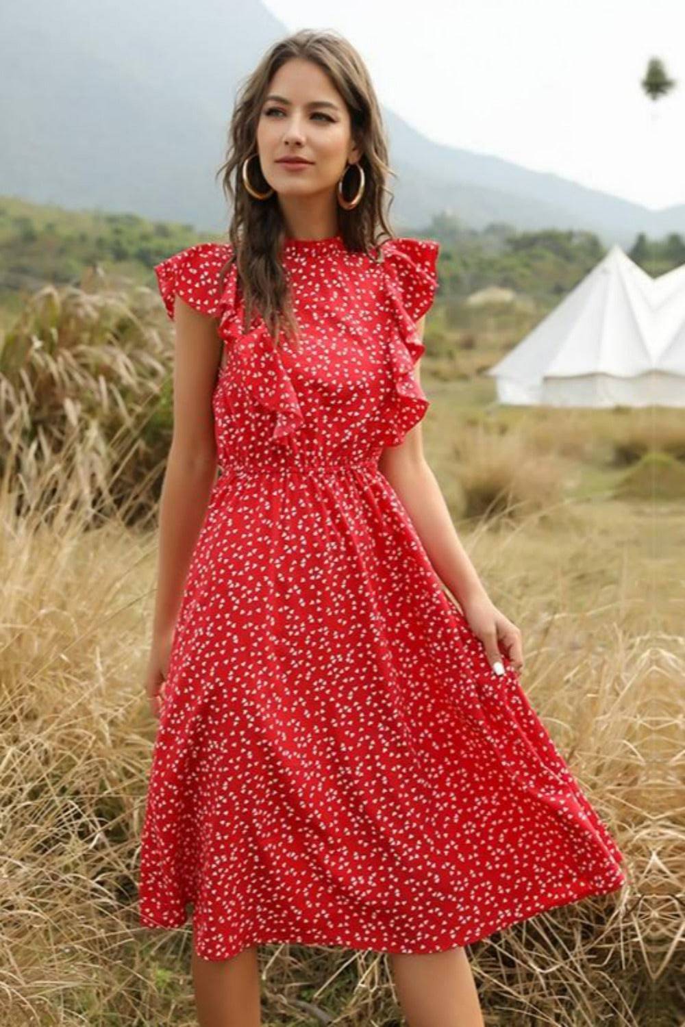 Spring Love Floral Print Ruffle Midi Red Dress - TGC Boutique - Summer Dress