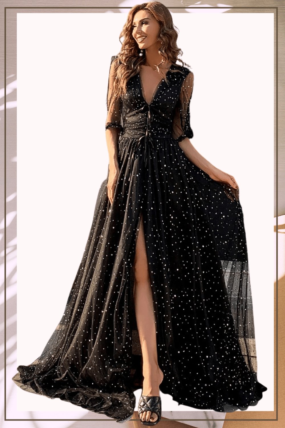 Starry Night Fit And Flare Long Sleeve Waist Fitted High Slit Maxi Star Dress TGC Boutique