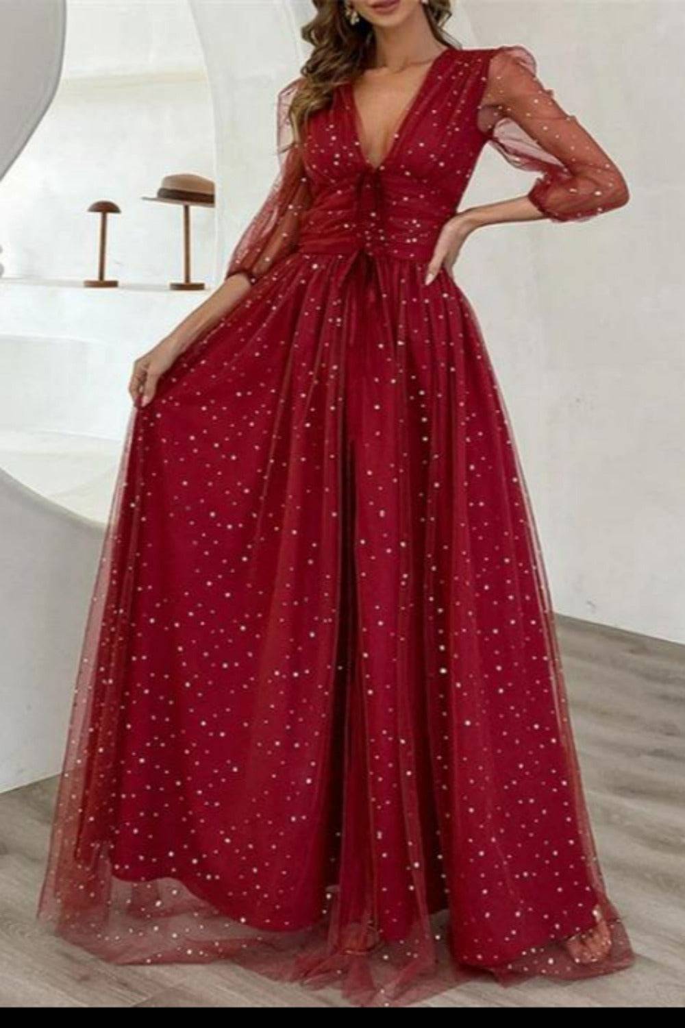 Starry Night Fit And Flare Long Sleeve Waist Fitted High Slit Maxi Star Dress - TGC Boutique - Star Dress