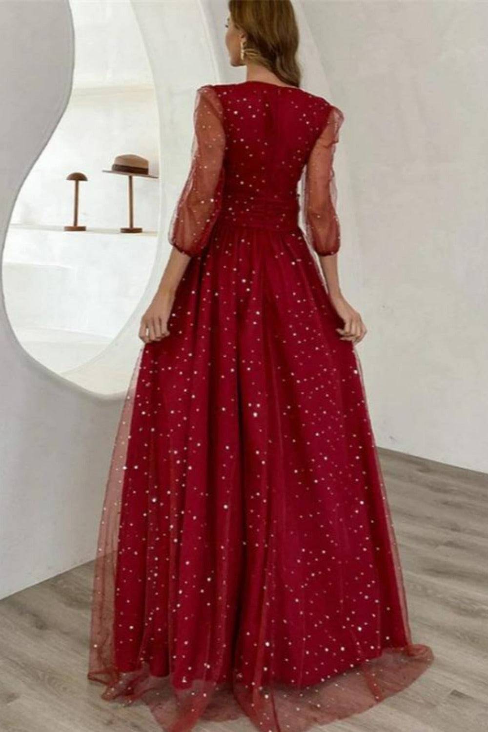 Starry Night Fit And Flare Long Sleeve Waist Fitted High Slit Maxi Star Dress - TGC Boutique - Star Dress