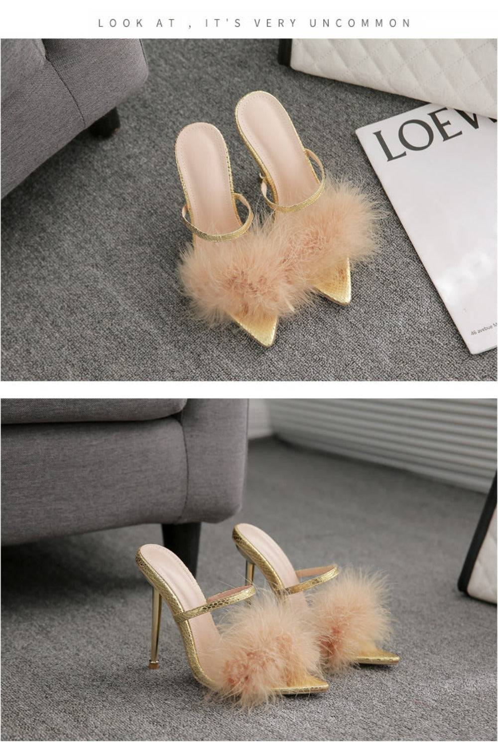 Stiletto Gold High Heel Sandals Ankle Strap Fluffy Fur Shoes - TGC Boutique - High Heel Sandals
