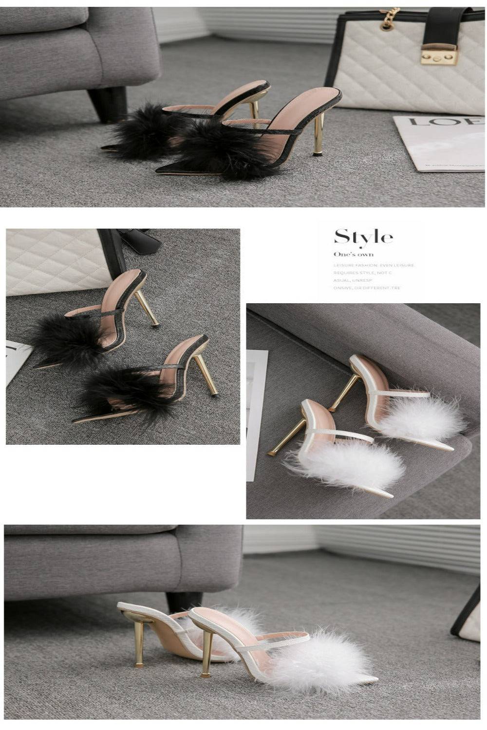 Stiletto Gold High Heel Sandals Ankle Strap Fluffy Fur Shoes - TGC Boutique - High Heel Sandals