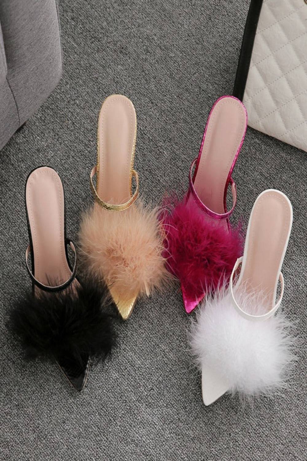 Black Back Furry Fur Sexy High Heels Stiletto Sandals Shoes
