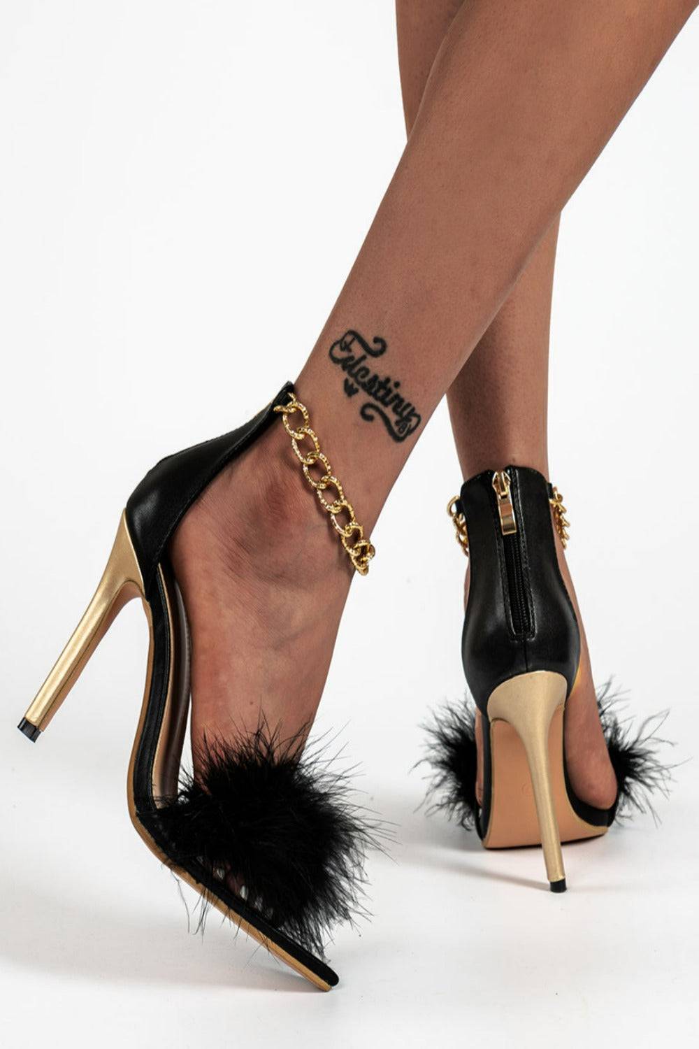 Stiletto High Heel Sandals Gold Chain Fluffy Fur Shoes - TGC Boutique - High Heel Sandals