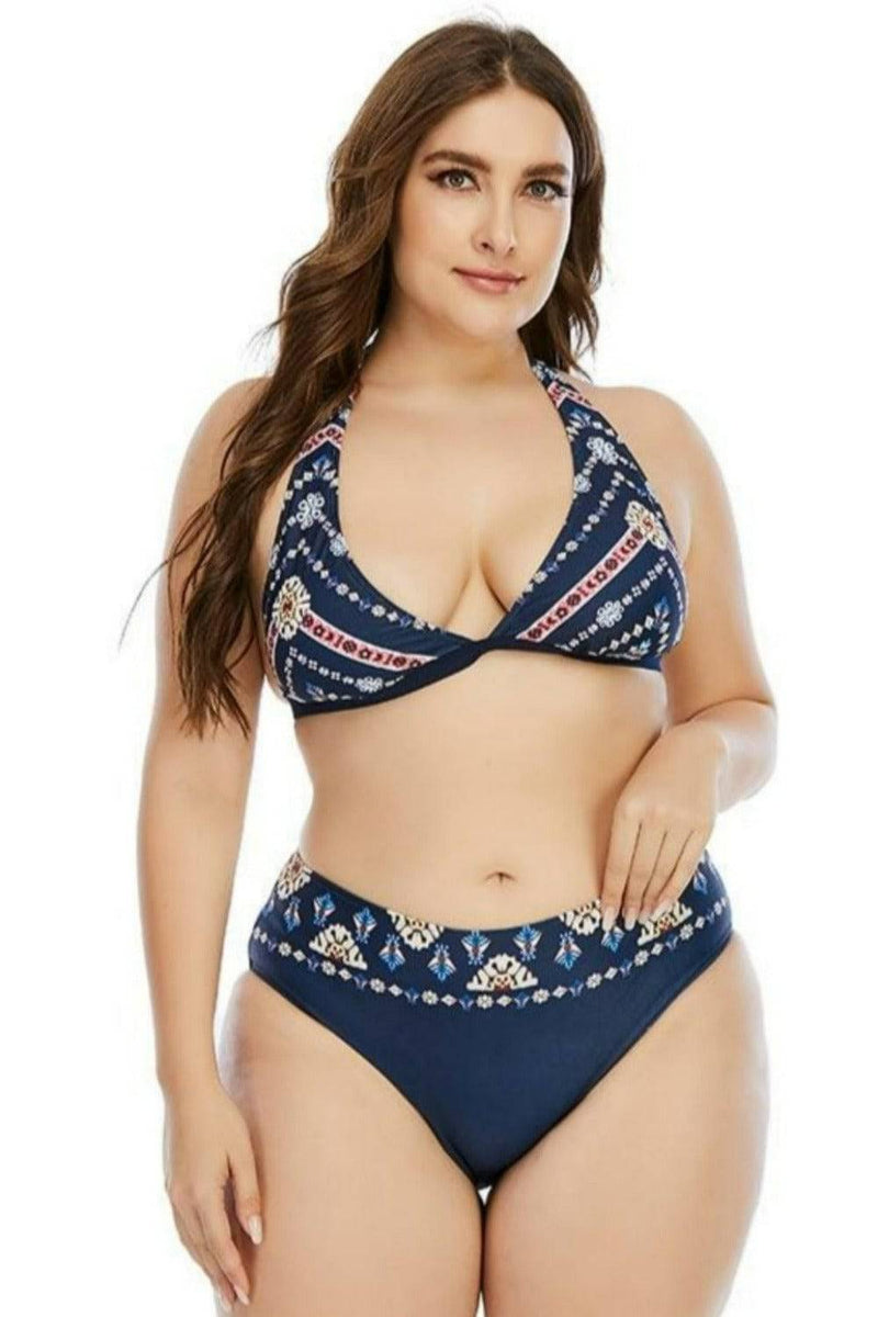 Corset Striped Bandage Plus size Swimsuit - Blue - TGC Boutique