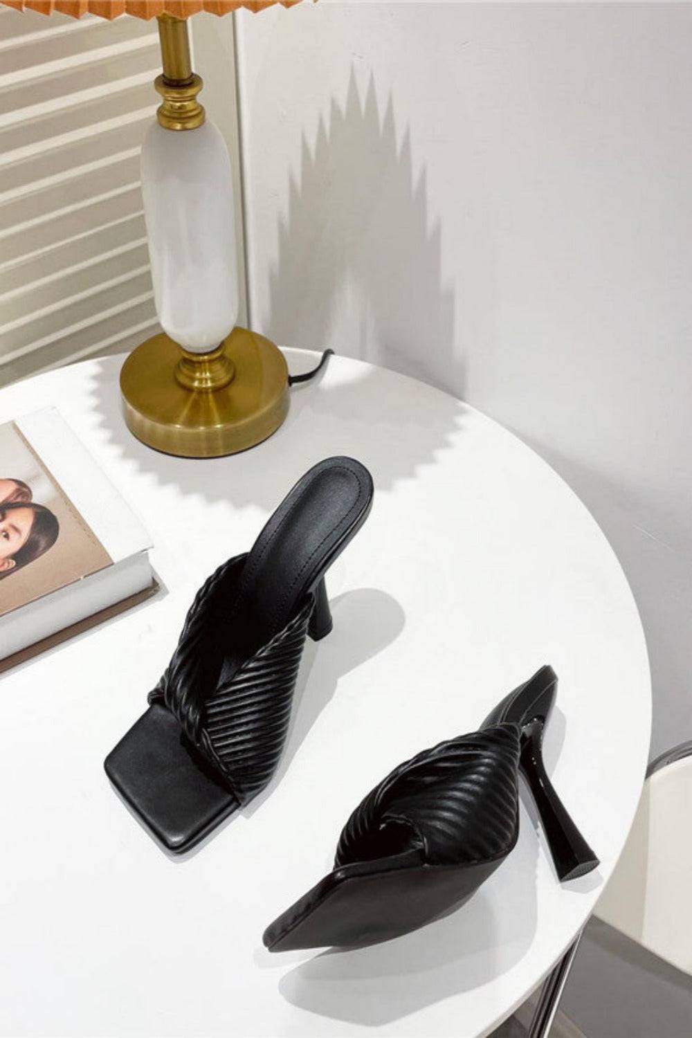 Textured Twist Strap Black Heeled Mules Sandals - TGC Boutique - Shoes