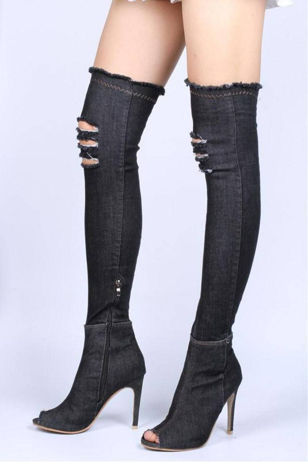 ripped jean thigh high boots