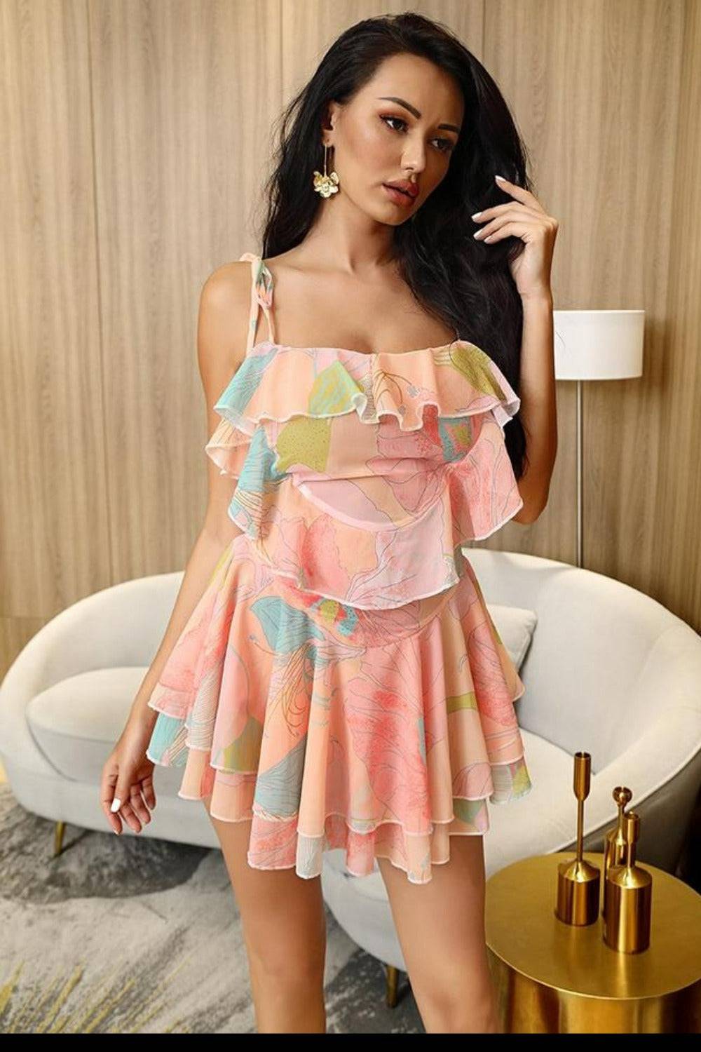 Tie Dye Chiffon Ruffle Mini Dress - TGC Boutique - Bodycon Dress