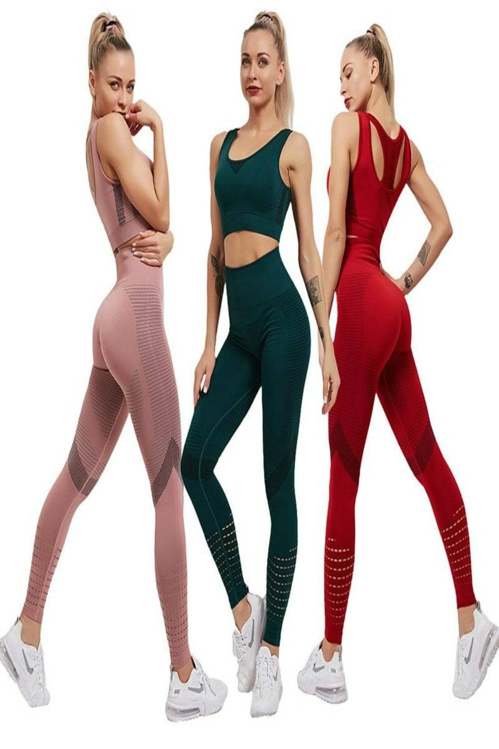 Hollow Out Seamless Yoga Set Sport Outfits Women Black Two 2 Piece Crop Top  Bra Leggings Workout Gym Suit Fitness Sport Sets (Color : Wine Red, Size 