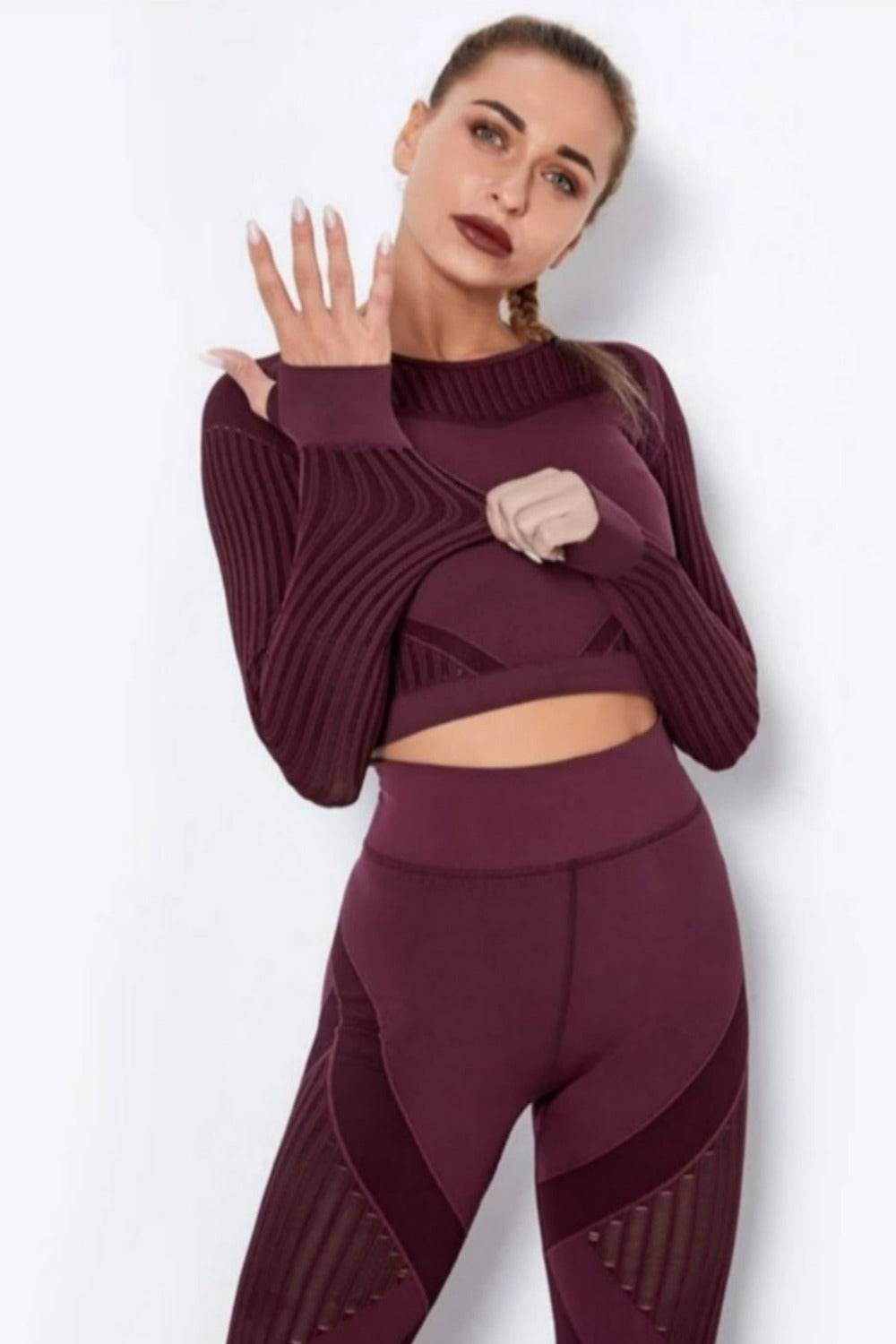 Tummy Control High Waist Seamless Top And Leggings 2 Piece Set - Wine Red - TGC Boutique - Activewear Set
